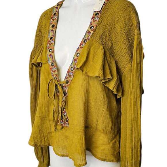 Anthropologie Embellished Grommet Ruffled Blouse, Maize, Cotton, Boho, Size M - Picture 9 of 10